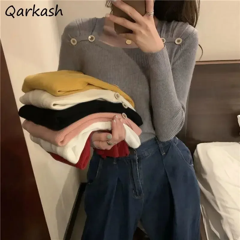 

Pullovers Women Button Design Fashion Comfort Harajuku Clothes Autumn Square Collar Sweet Style Inside Streetwear Lady Stretchy