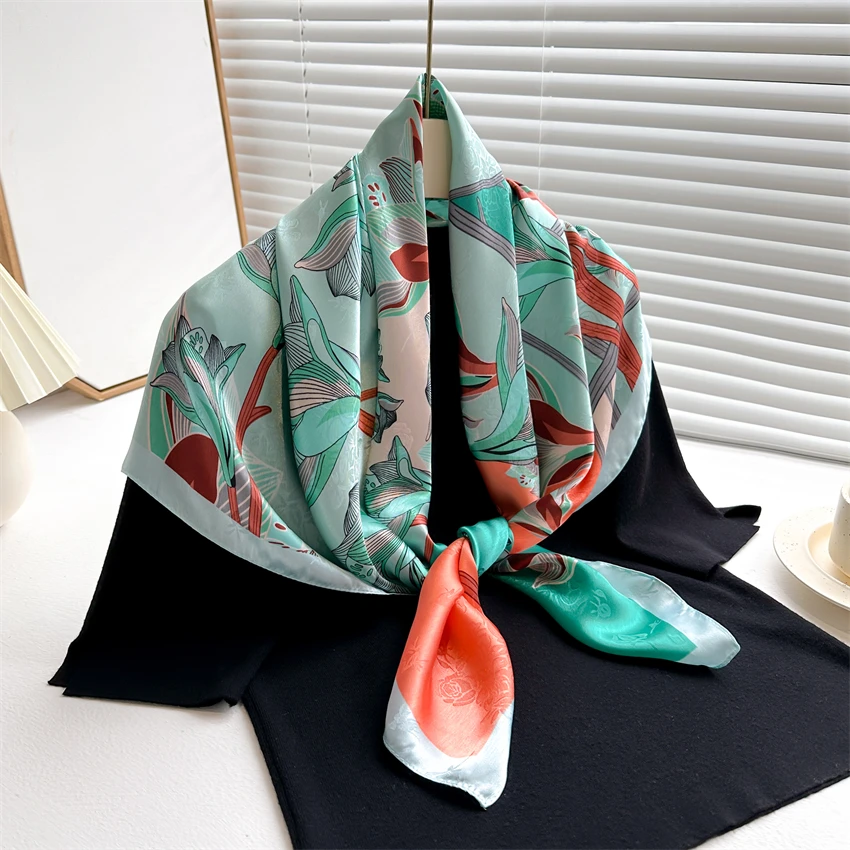 2024 Fashion New Twill 90cm Square Silk Scarf for Women Design Floral Print Wraps Stoles Hijab Foulard Headband Lady Shawl Banda