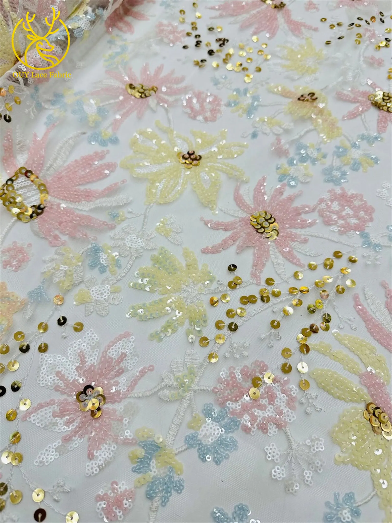 5 Yards des neuesten afrikanischen Pailletten bestickten Spitzenstoffs, hochwertiger französischer nigerianischer Mesh-Tüll-Spitzenstoff, Partykleid – Detail 14