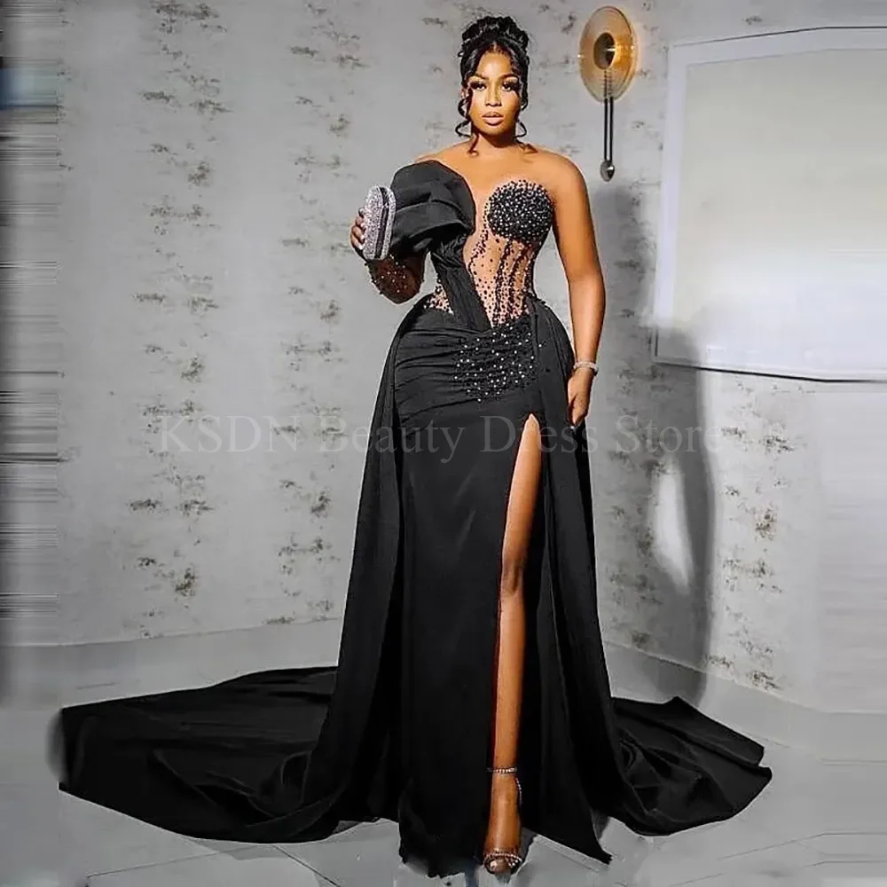 Exquisite Sleeveless Off The Shoulder Prom Dresses High Side Split Beading Detachable Train Evening Gowns Formal Wear Handmade
