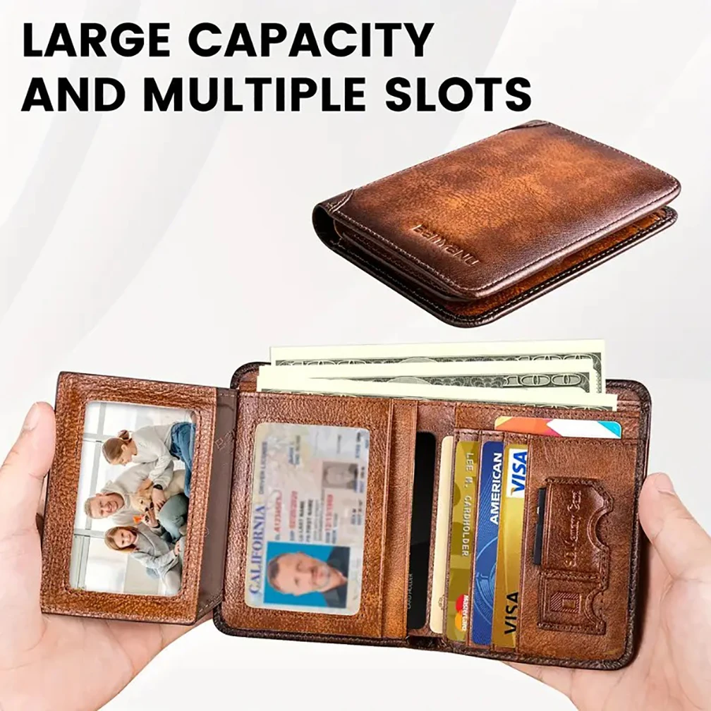 الرجال خمر محفظة جلدية حقيقية، RFID حجب المدمجة قصيرة ثلاثية الطي الطبقة العليا جلد البقر معرف حامل بطاقة الائتمان محفظة المال كليب #4