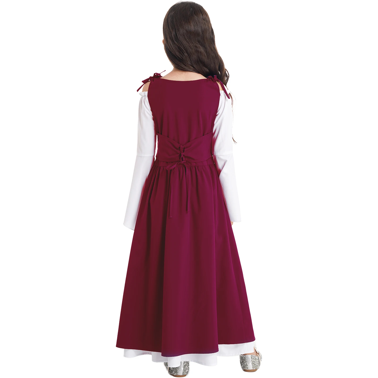 Kids Girl Renaissance Medieval Princess Costume Flare Sleeve Lace-up Gown Dress for Halloween Cosplay Victorian Historical Girls