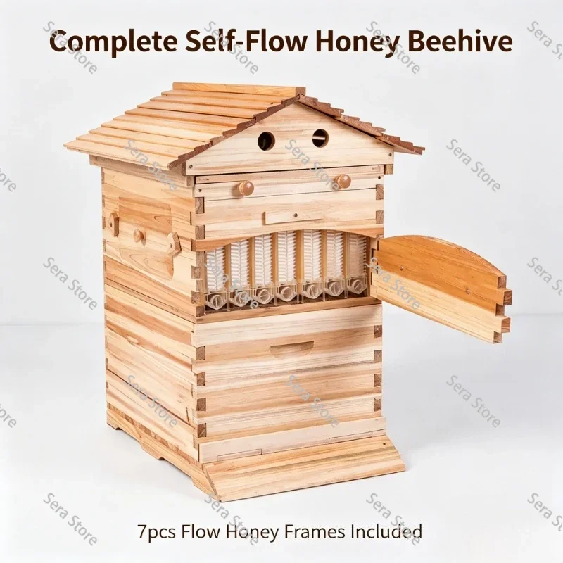 Apiculture Equipment Waxed Cedar Wood Flow Honey Hive Automatic Self-flow Beehive Box with 7 Plastic Flow Frames