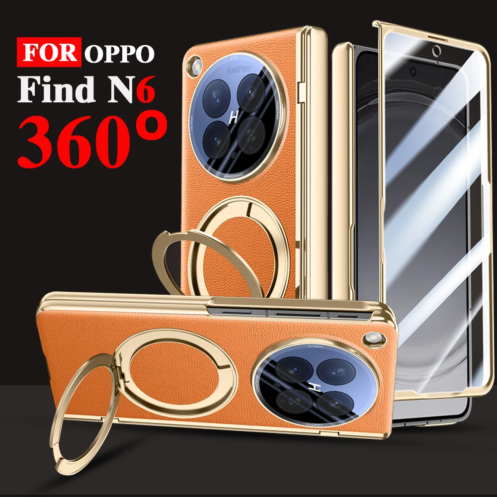 

Luxury Ring Holder Leather Case For OPPO Find N6 5G Magnetic Glass film Protection Anti-fingerprint Hard Plating Stand Cover