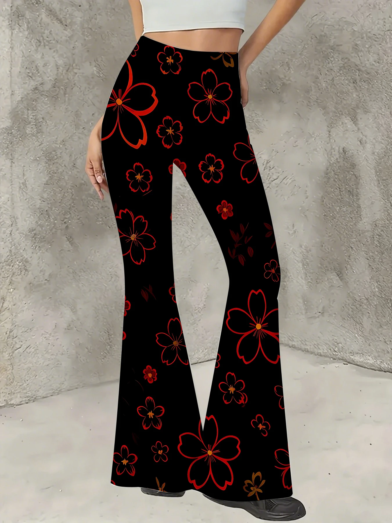 

Korean Style Printed Flare Pants Women High Waist Slim Fit Bell Bottom Leggings