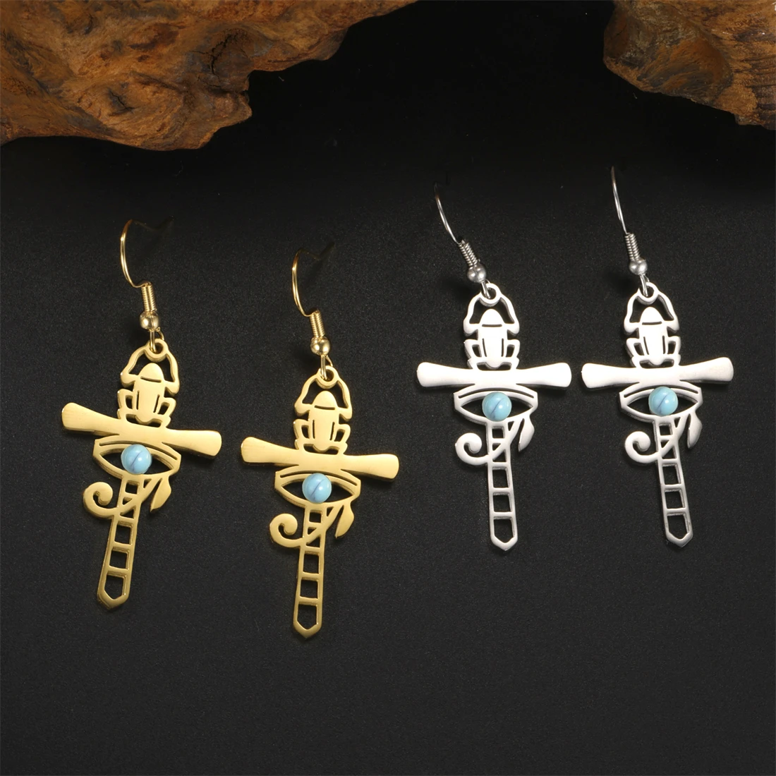 

Egypt Ankh Cross Drop Earrings Staineless Steel Mythology Eye of Horus Dangle Earrings for Women Vintage Religious Jewelry Gift