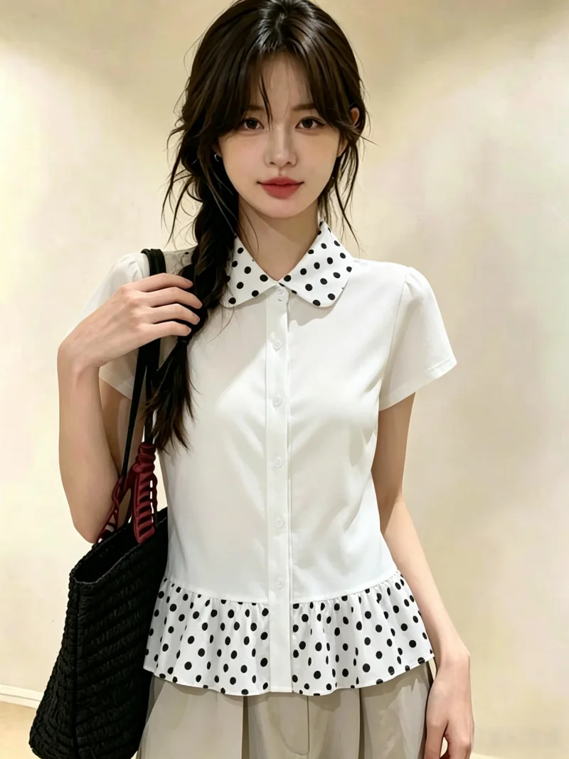 

Summer New Polka Dot Splice Doll Collar Short Sleeve Women's T-shirt Self-kept Style Sweet Skirt Hem Top Korean Style Slim Fit