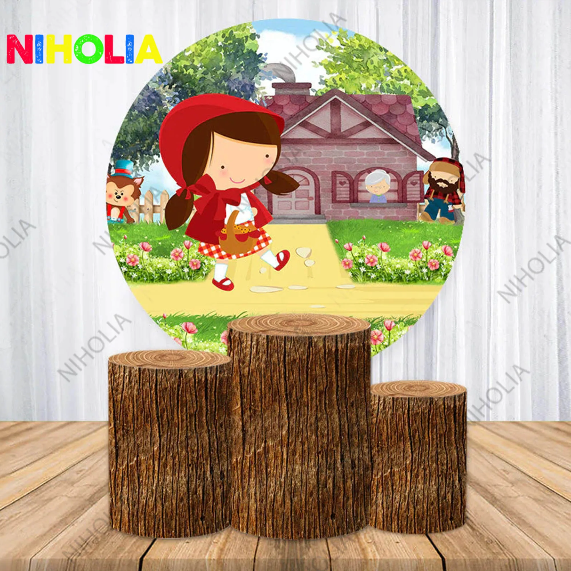 Niholia Little Red Riding Hood Round Photo Backdrop Girls Birthday Party Baby Shower Decoration Cylinder Covers For Cake Table