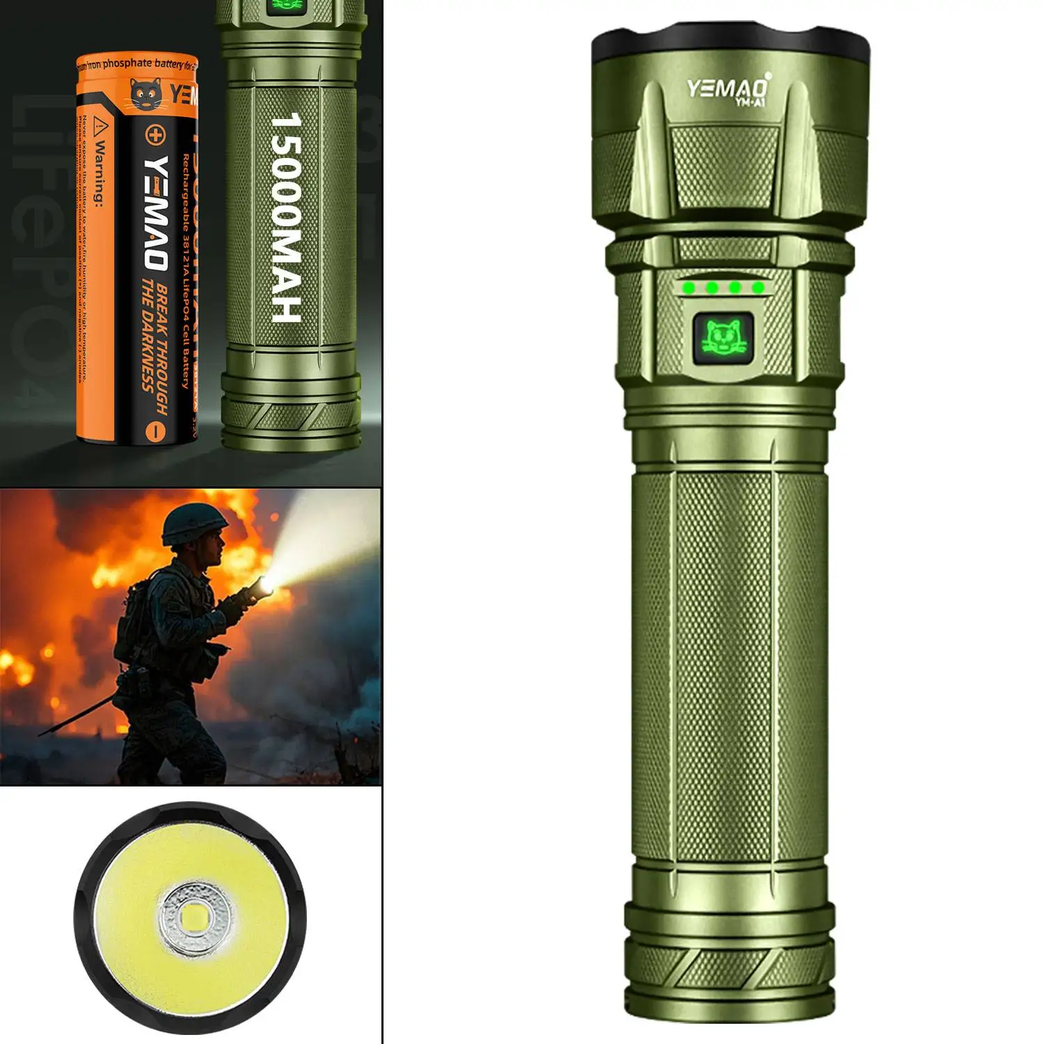 

YEMAO A1 2800LM Flashlight, P70.2 LED,300m Beam,IP54 Waterproof,6 Modes,38121ALiFePO4 Battery, Power Bank, Search Lights