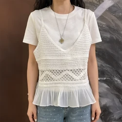 Crochet Peplum Cami Top V-neck Strappy Crop Vest with Ruffled Hem Blouse Women Teen-girl Boho Festival Summer Beach Cover Up