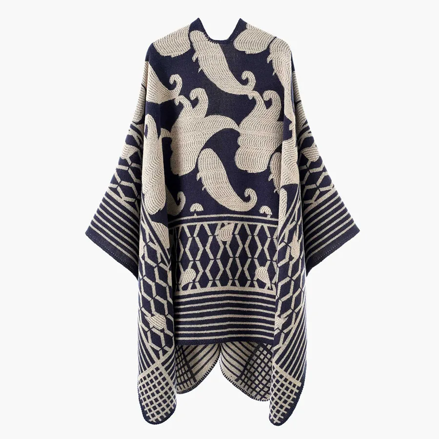 Women Geometric Jacquard Poncho Shawl Oversize Vintage Open Front Faux Cashmere Cape Autumn Winter Casual Travel Warm Wrap