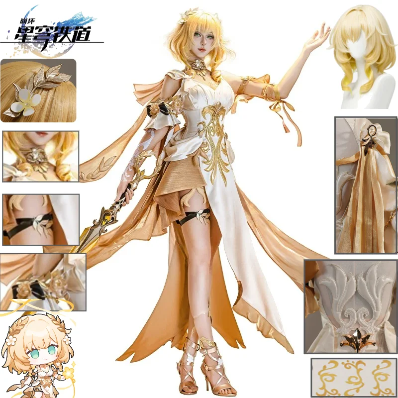 Aglaea Cosplay-Kostüm Honkai: Star Rail Aglaea Chrysos Heirs Kleid mit goldenem Lorbeerkranz, Kopfschmuck, Perückenset, Halloween-Outfit