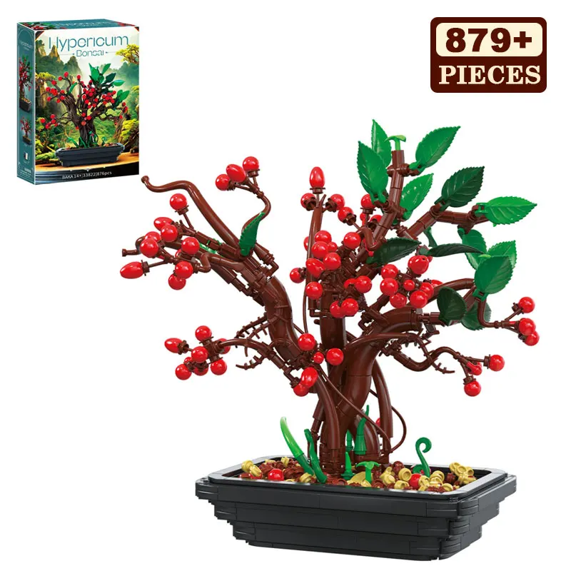 

879 PCS Hypericum Potted Building Blocks Flower Bonsai Model Bricks Desktop Decoration Kids Educational DIY Toys Holiday Gifts