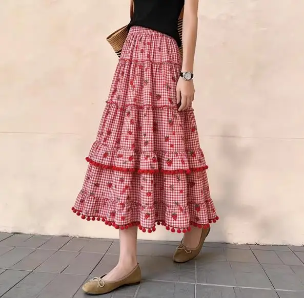 Sweet Ruffled Strawberry  skirts women Plaid Skirt Layered Cake Skirts
