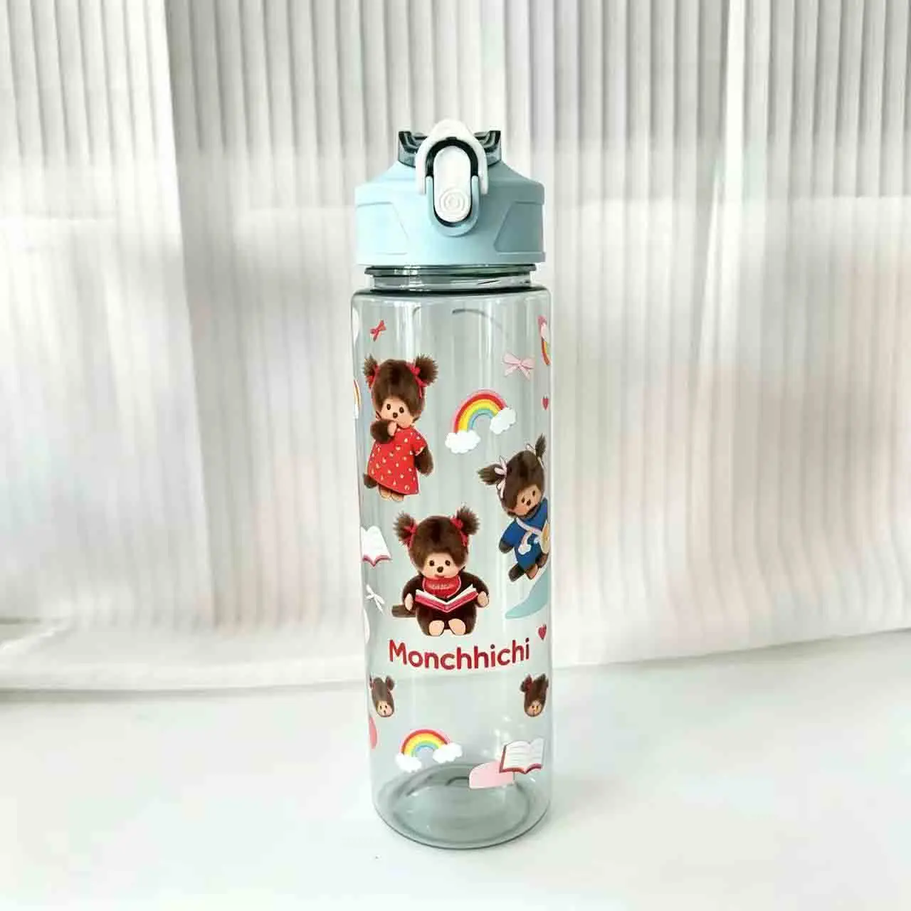 750ML water bottle with cute cartoon food-grade straw cup, with shoulder strap, water bottle for portability