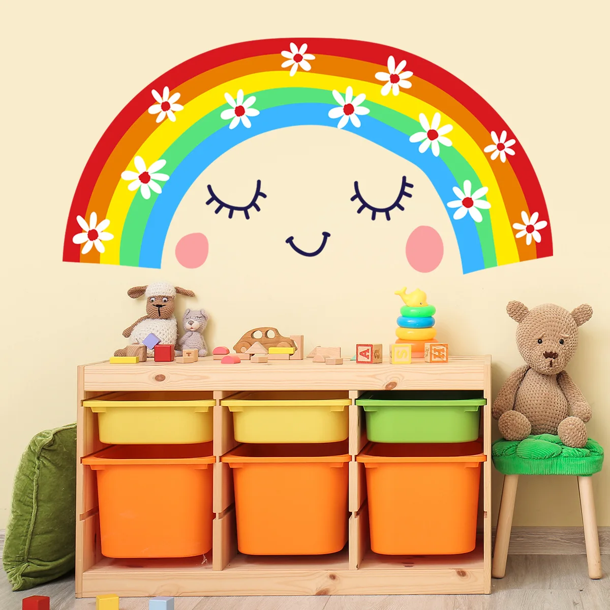 2 قطعة الكرتون مبتسم قوس قزح ملصقات جدار غرفة المعيشة فتاة غرفة نوم خلفية لوحة على الحائط لتزيين المنزل الجدار ملصق خلفية Atw056 #3