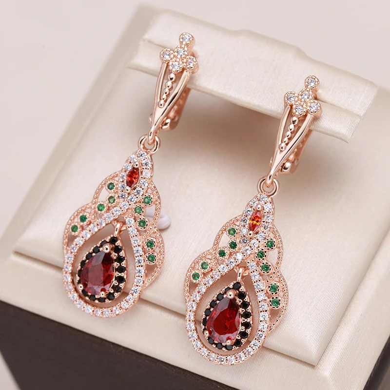 Kinel – boucles d'oreilles pendantes pour femmes, couleur or Rose, fleur en cristal rouge, Zircon naturel, bijoux Vintage, nouvelle collection 2022, 585