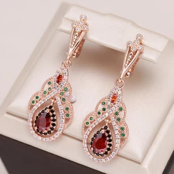 Kinel 2022 New 585 Rose Gold Color Drop Earrings for Women Crystal Flower Red Natural Zircon Earrings for Women Vintage Jewelry