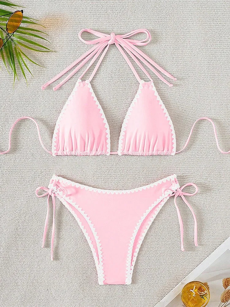 

Sexy Solid Lace Up Bikinis 2 Piece Set Women Split Swimsuit High Waist Beach Bikinis 2025 New Summer Swimwear Bikinis Set