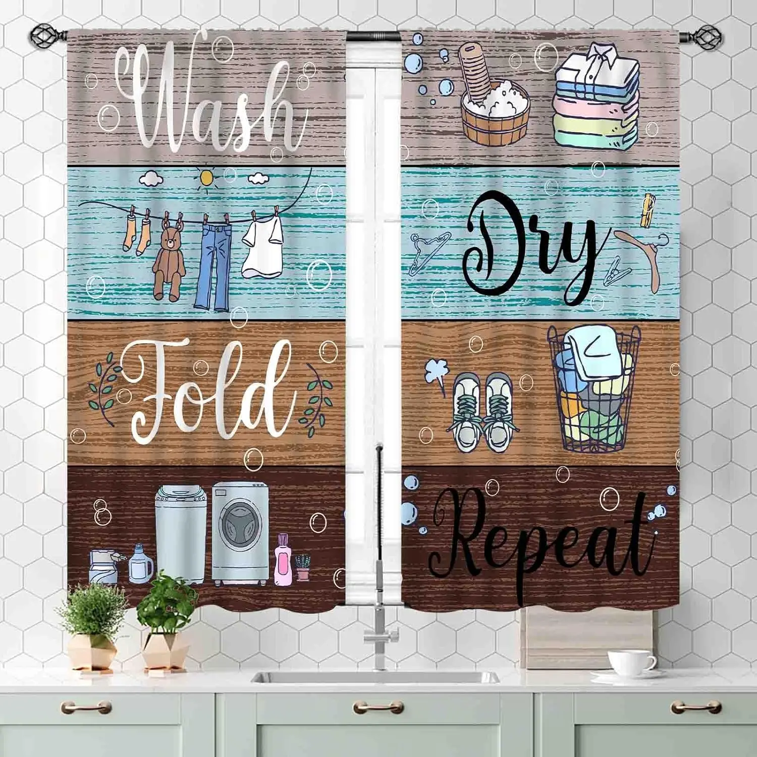 Laundry Room Curtians, Rustic Wash Dry Fold Repeat Laundry Quotes Rural Country Wooden Farmhouse Laundry Drapes Treatments for