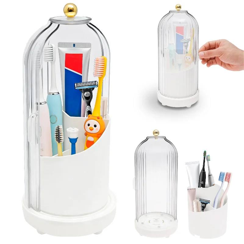 Rotating Toothbrush Holder with Cover Bathroom Cosmetics Holder Countertop Organizer Box Electric Toothbrush Toothpaste Holder