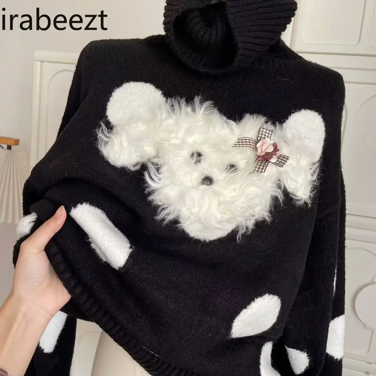 Polka Dot Puppy Turtleneck Sweater Women's Autumn and Winter Design Korean Style Cute Loose Warm Pullover Top