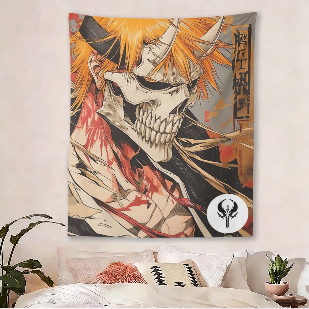 Vintage Bleach Anime Tapestry Ichigo Hollow Form Japanese Samurai Style Wall Hanging Aesthetic Bedroom Dorm Decor