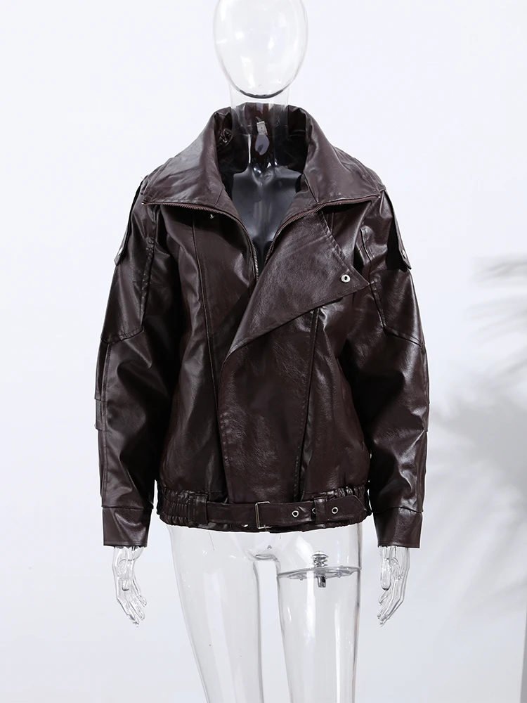 

Street PU Leather Women Jacket Solid Long Sleeve Zippers Pocket Belt Female Outerwear 2025 Autumn New Coats Lady Streetwear
