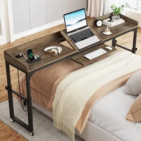 Mesa de cama ajustável em altura com rodas, mesa queen size sobre a cama com ajustável, carrinho para laptop móvel, mesa de computador