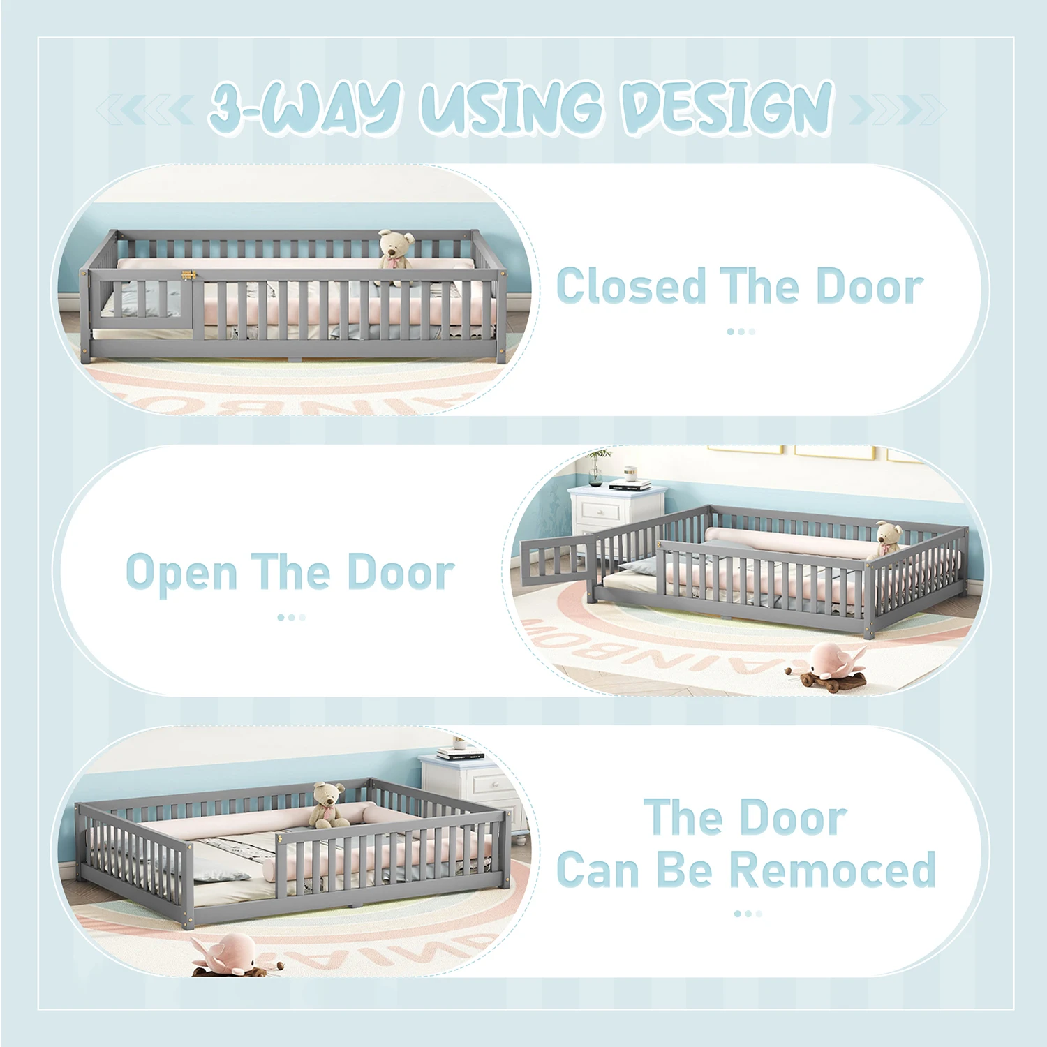 إطار سرير على الأرض للأطفال الصغار مع أبواب درابزين أمان، سرير دعم بشريحة خشبية، سرير بمنصة قابلة للفصل لغرفة نوم الأطفال والحضانة