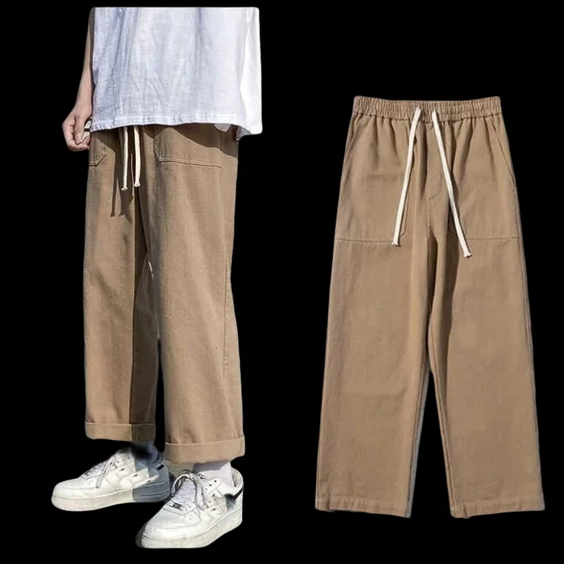 

Men Casual Pants Fashion Cotton Straight Pants Elastic Drawcord Streetwear Loose Wide Leg Pants Mens Trousers