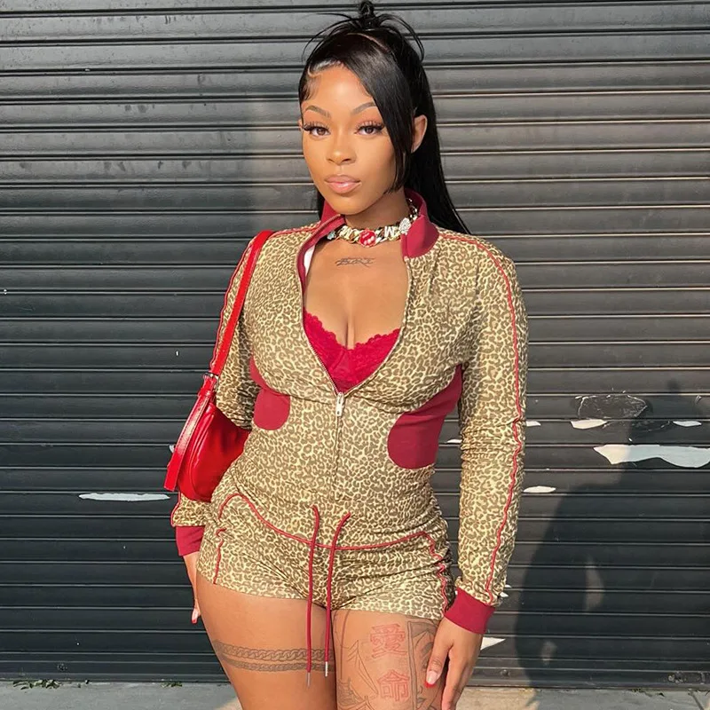 น้องสาว Star ชุดแฟชั่นสี Clash เสือดาวพิมพ์ซิปเสื้อสเวตเตอร์ถักแขนยาวสายรัดอารมณ์ Commuter ชุด 2 ชิ้น