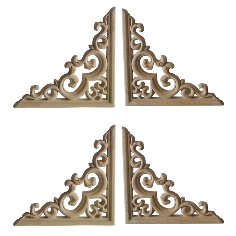 4PCS Unpainted Wooden Mouldings Decal European Wood Appliques for Furniture Cabinet Flower Wood Carving Decorative 12Cm