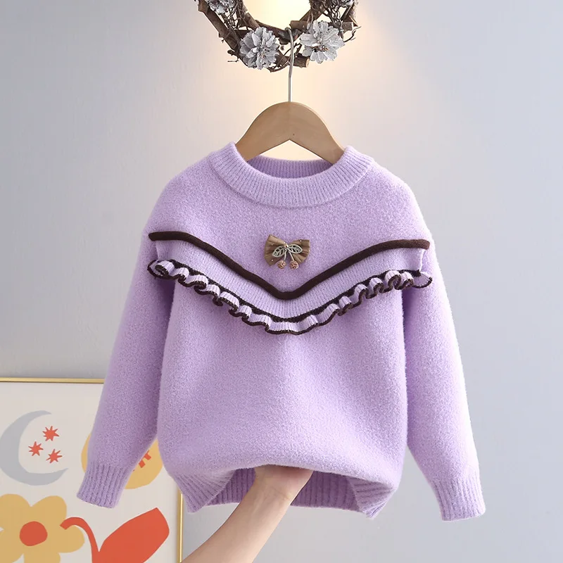 سترات أطفال رائعة بعقدة على شكل فراشة للفتيات بلوفرات حياكة للأميرة مكشكشة تشبه الحلم ملابس مريحة جديدة IY07141 #4