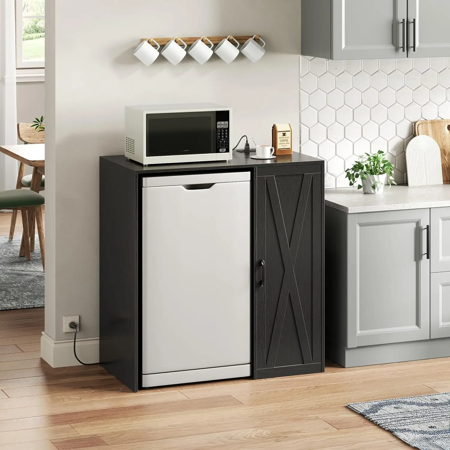 Mini Fridge Cabinet with Storage & Outlet, Coffee Bar Cabinet | Fits 24" Wine Fridge, 3-Tier Organizer, Refrigerator Stand for K - view 3