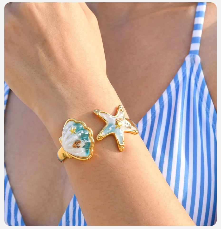 Vnox Bohemia Blau-Rosa Harz-Muschel-Seestern Offenes Armband Halskette Ohrringe Vergoldet Hypoallergen Wasserdichter Strand-Schmuck – Detail 3