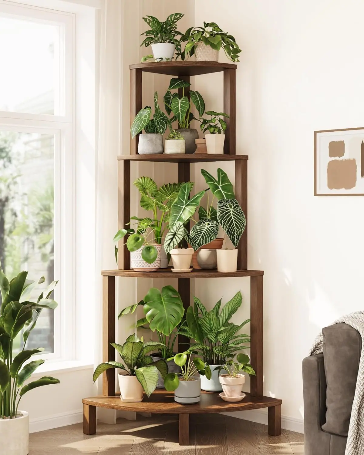 Corner Plant Shelf 4 Tier Plant Stand Indoor Wood Plant Rack, Sixty Six Inch Tall Quarter Round Flower Pot Shelves, Vertical Garden Decor Storage Organizer For Living Room Balcony
