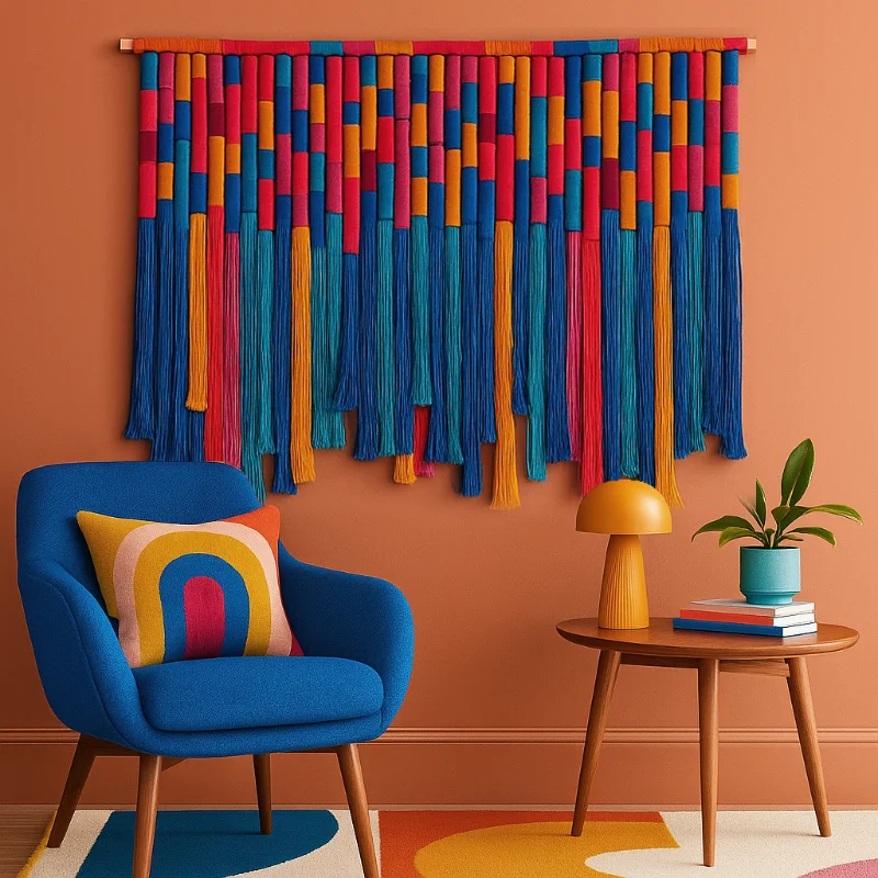 

Handmade Large Wall Hanging Macrame Tassel Fiber Art Blue White Rope Decor for Modern Home and Commercial Space