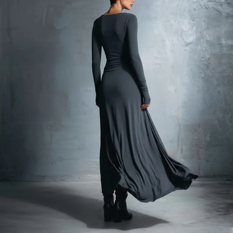 أنيقة طويلة الأكمام Ruched مثير فستان ماكسي المرأة ثوب الخريف موضة ثنيات Bodycon غير النظامية فساتين طويلة الملابس النسائية #2