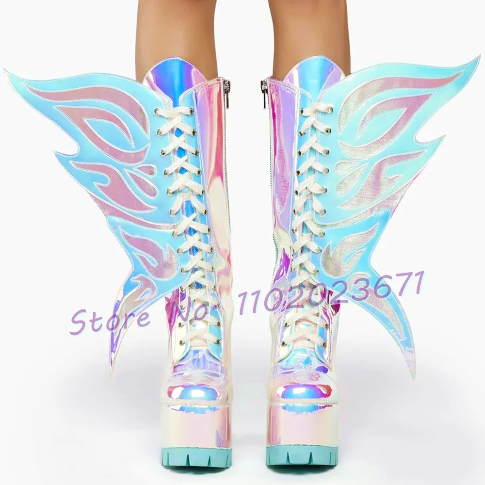 Sparkly Wings Platform High Boots Women New In Gorgeous High Block Heels Shoes Women Symphony Silver Stage Party Knee High Boots