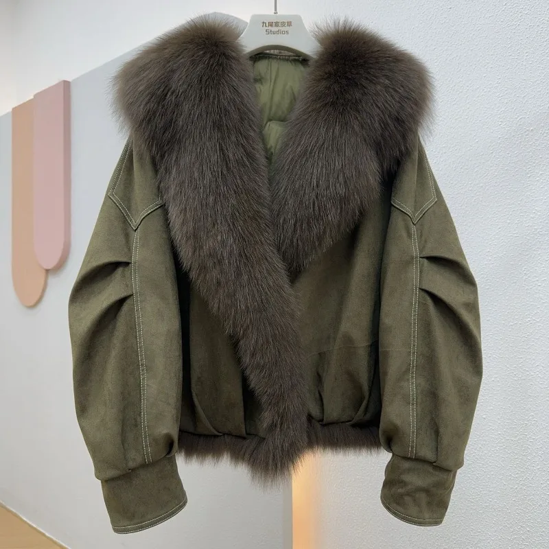

Осень-зима 2025 г., новинка, мотоциклетная короткая мотоциклетная куртка с большим меховым воротником из искусственного лисьего меха, женская пуховая хлопковая куртка