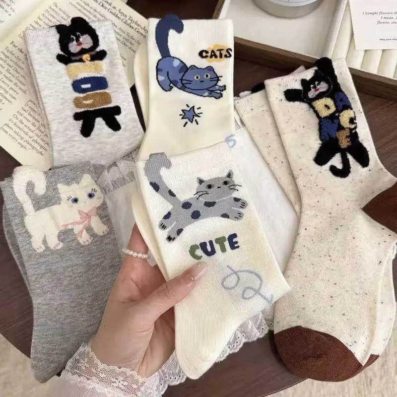 1Pair Cartoon Cat Mid-Calf Socks for Women, Spring/Autumn Style, with Cute Lettering, Ins-Style, Versatile Socks