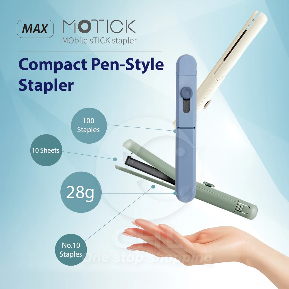 Japan MAX Motick HD-10SK Portable Pen-Type Stapler Mini Lightweight Handheld Office School Compact Design with 100 Staples