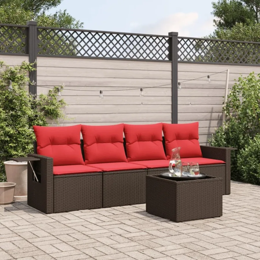 

5 Piece Patio Sofa Set with Cushions Brown Poly Rattan