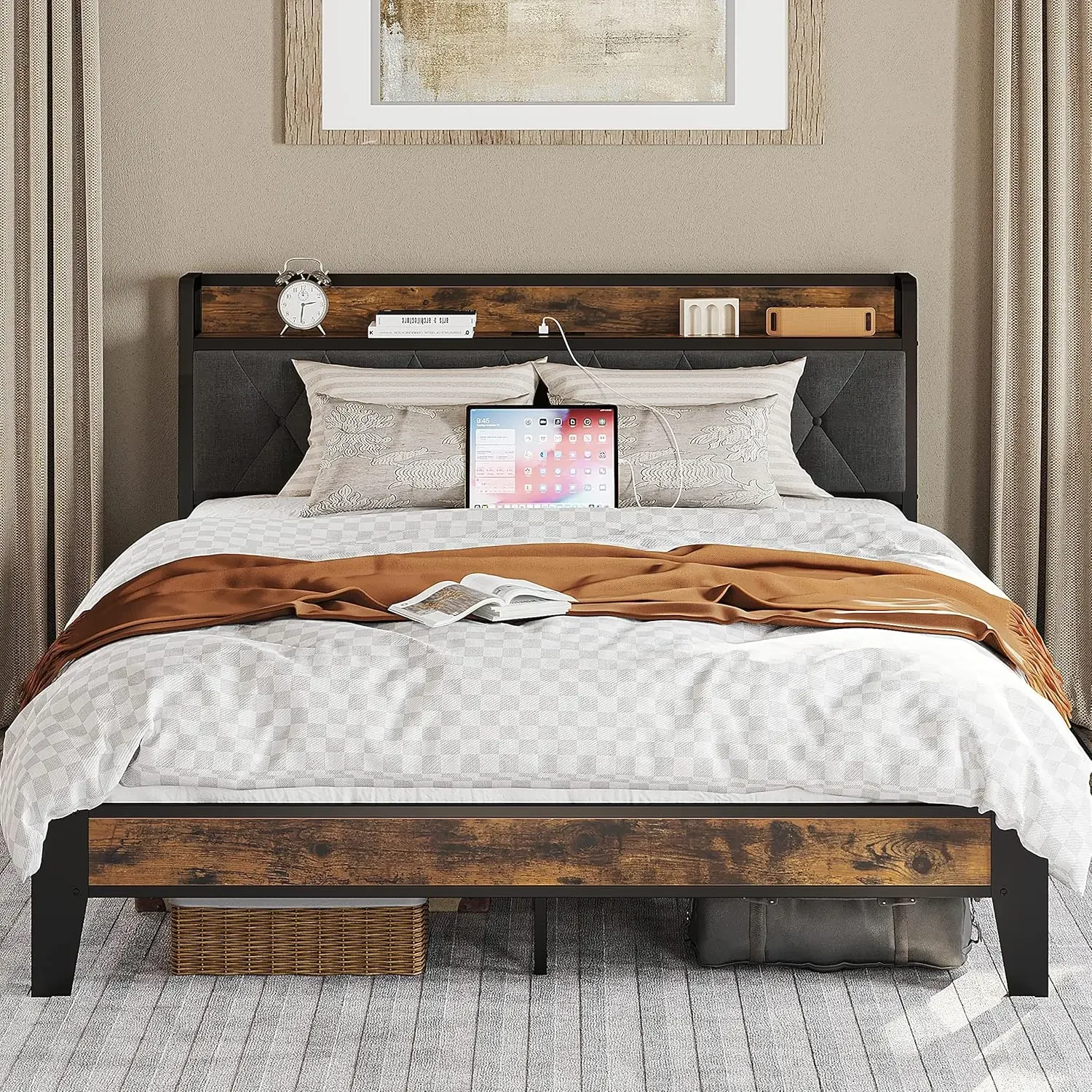 Queen Bed Frame, Storage Headboard with Outlets, Easy to Install, Sturdy and Stable, No Noise, No Box Springs Needed