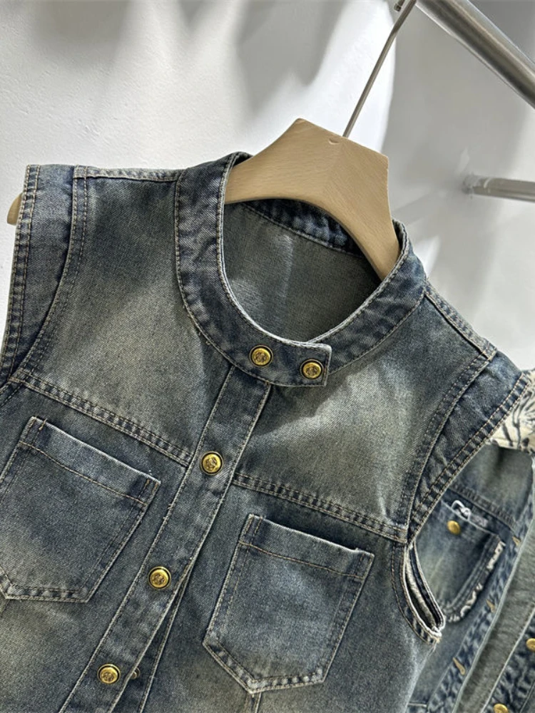 Coletes jeans vintage single breasted para mulheres, bolsos sem mangas, casacos retalhos, roupas com o pescoço, todo o fósforo, moda primavera e outono