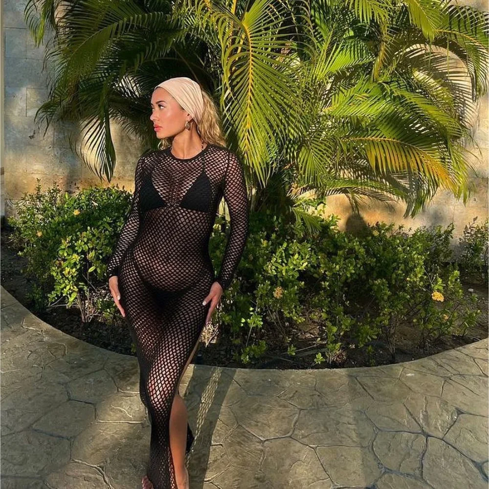 المرأة الدانتيل غير النظامية فستان طويل كاميس غمد الحسية فستان شفاف موضة الشارع الشهير الجوف خارج الكشكشة فساتين مثيرة #5