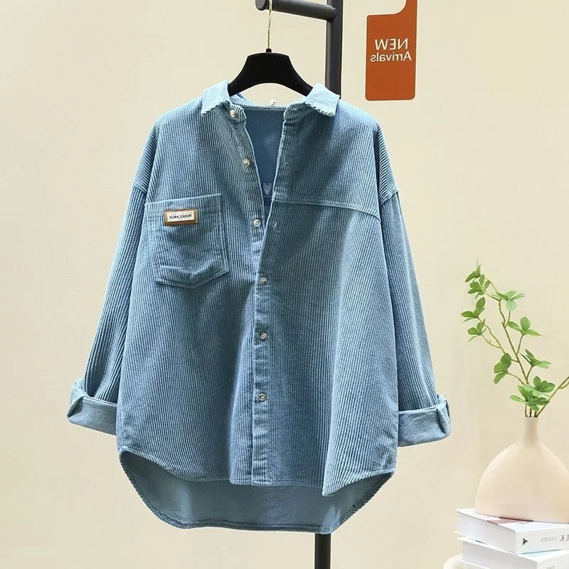 سميكة سروال قصير طويل الأكمام قميص نسائي الخريف الشتاء نمط جديد عادية فضفاض موضة النسخة الكورية منتصف طول سترة مفتوحة