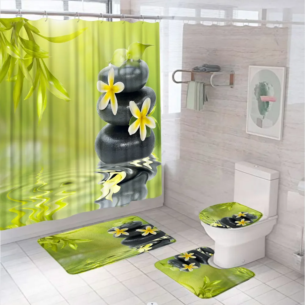 4Pcs Black Zen Stone Flower Shower Curtain Set Green Bamboo Garden Scenery Bathroom Decor Non-Slip Rug Toilet Lid Cover Bath Mat