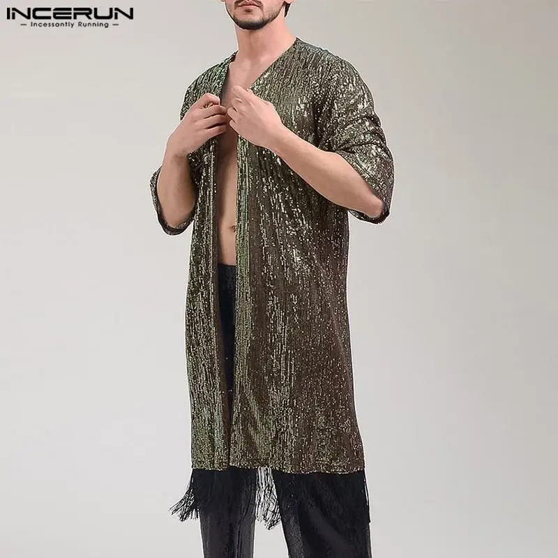 

INCERUN Tops 2024 American Style Men's Fashion Sexy Flash Splicing Tassel Shirts Casual Thin Cardigan Long Sleeved Blouse S-5XL